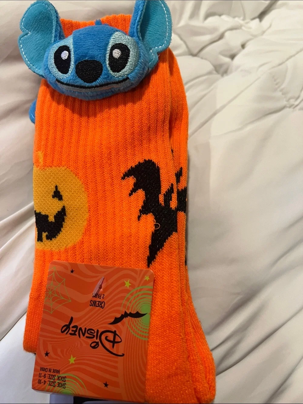 Women’s Disney Orange Halloween Crew Socks with Blue Stitch Plush Accent